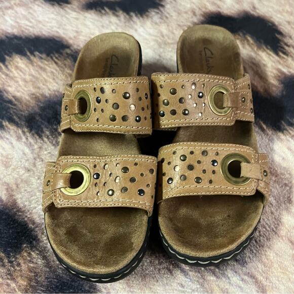 Clarks Double Strap Slide On Leather Sandals Women's Size 8 Tan Brown - Picture 2 of 12